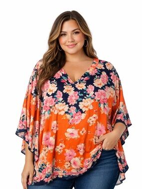 Tolani Collection 2X Floral Cape Top Boho Kimono Orange Navy Pink Flowy